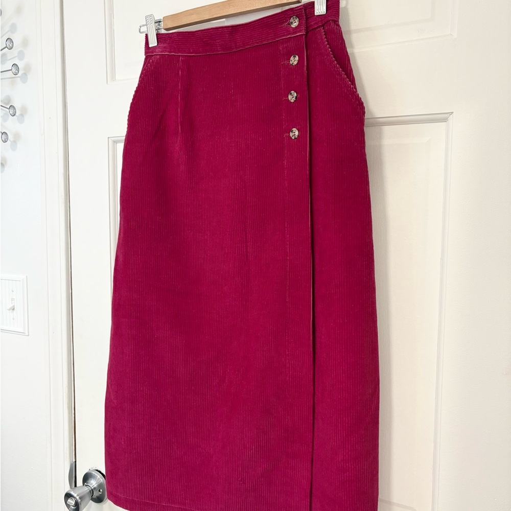 Vtg‎ LL Bean Corduroy Long Wrap Skirt Pink Magenta Pockets USA Cottagecore Sz 8 - Picture 2 of 11